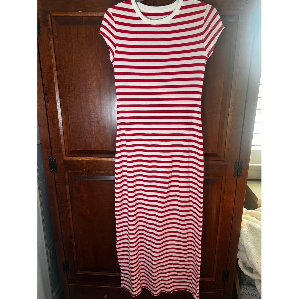 A New Day Womens Red White Striped Short Sleeve Maxi T-Shirt Dress XS